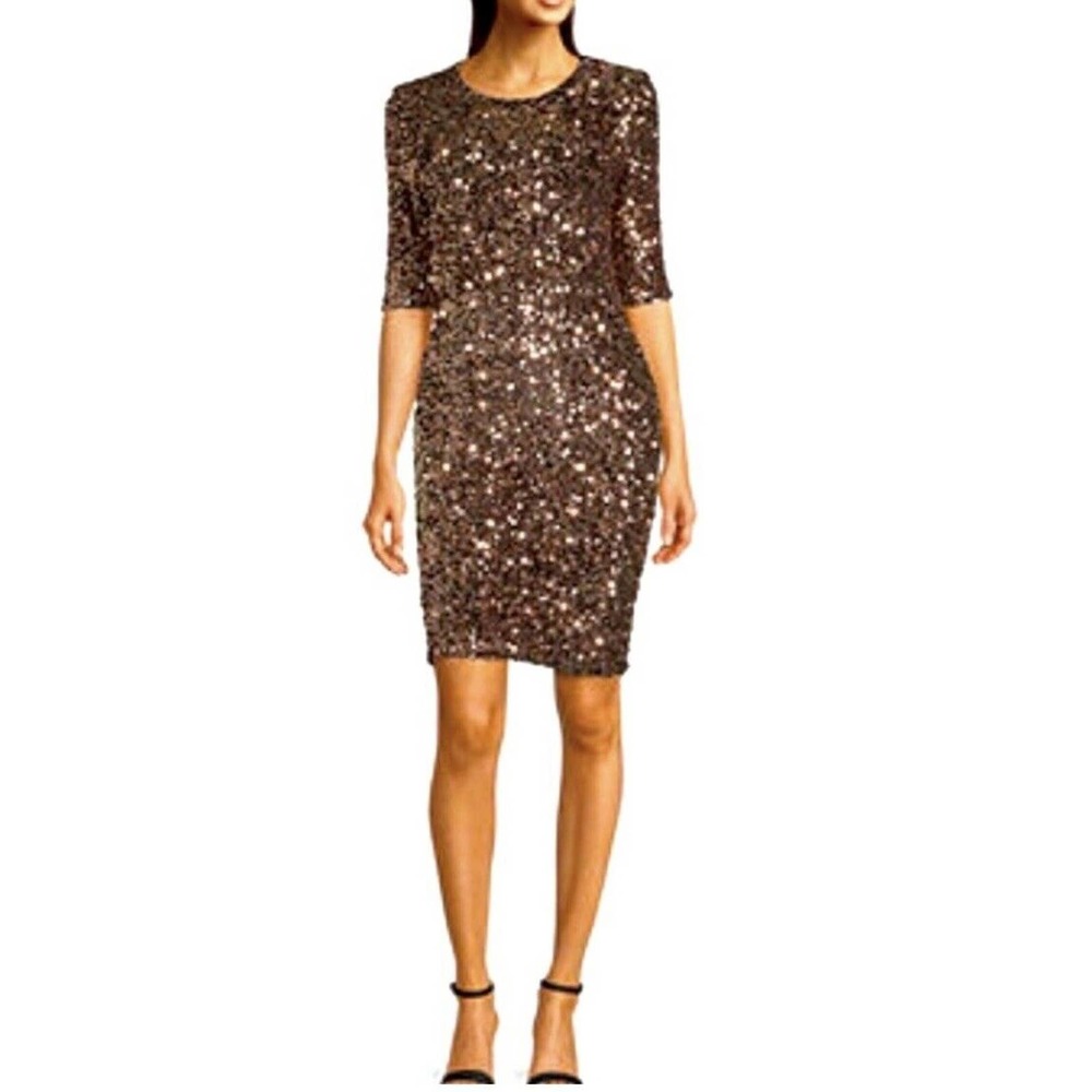 Premier Amour Gold/Bronze Sequined Cocktail Length Party Dress 10-12 Med NWOT